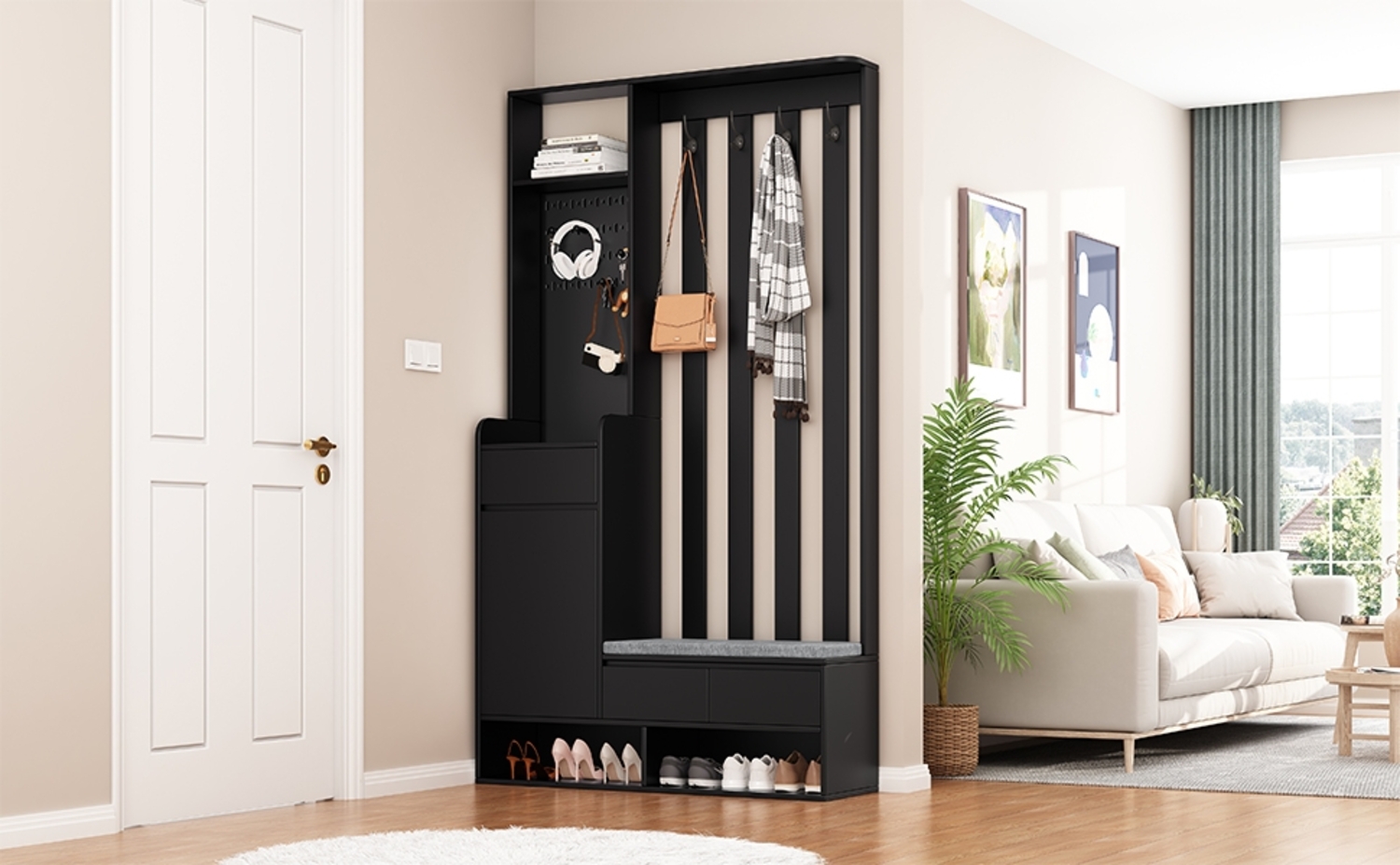 Kommode 100x35x180 cm, Garderobe mit gepolsterter Sitzbank, Stecktafel, 4 Haken, MDF Schwarz Bild 1