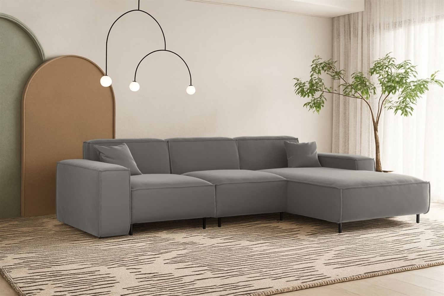 Ecksofa Designersofa GLORIA in Stoff Tiffani Grau Ottomane Rechts Bild 1