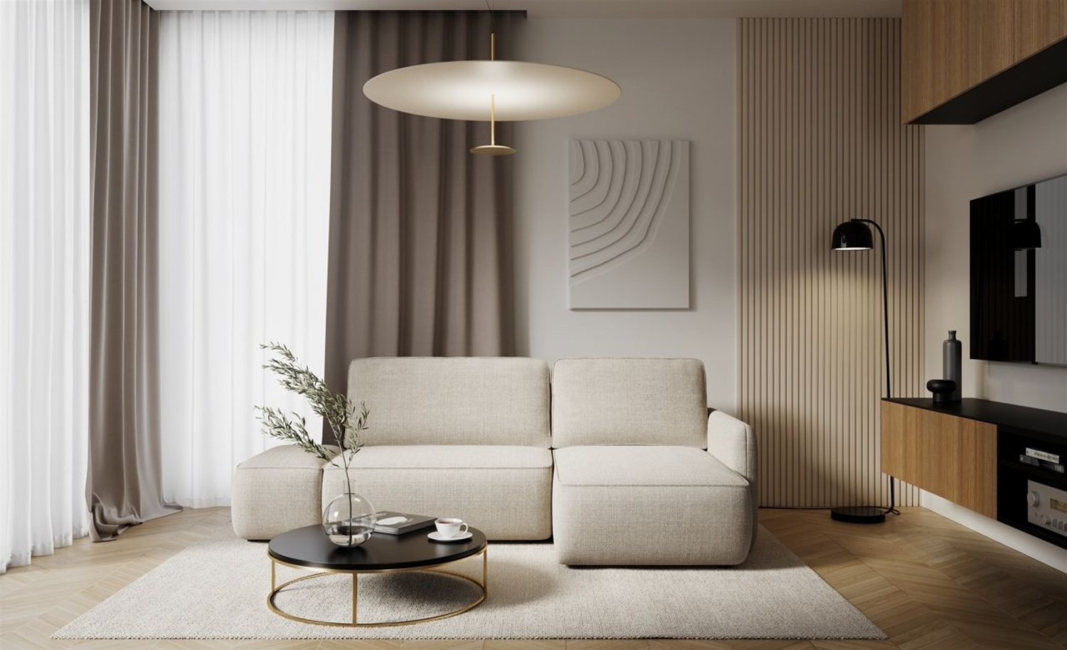 Ecksofa mit Schlaffunktion Sofa LUKA in Stoff Cremona Beige Ottomane Rechts Bild 1