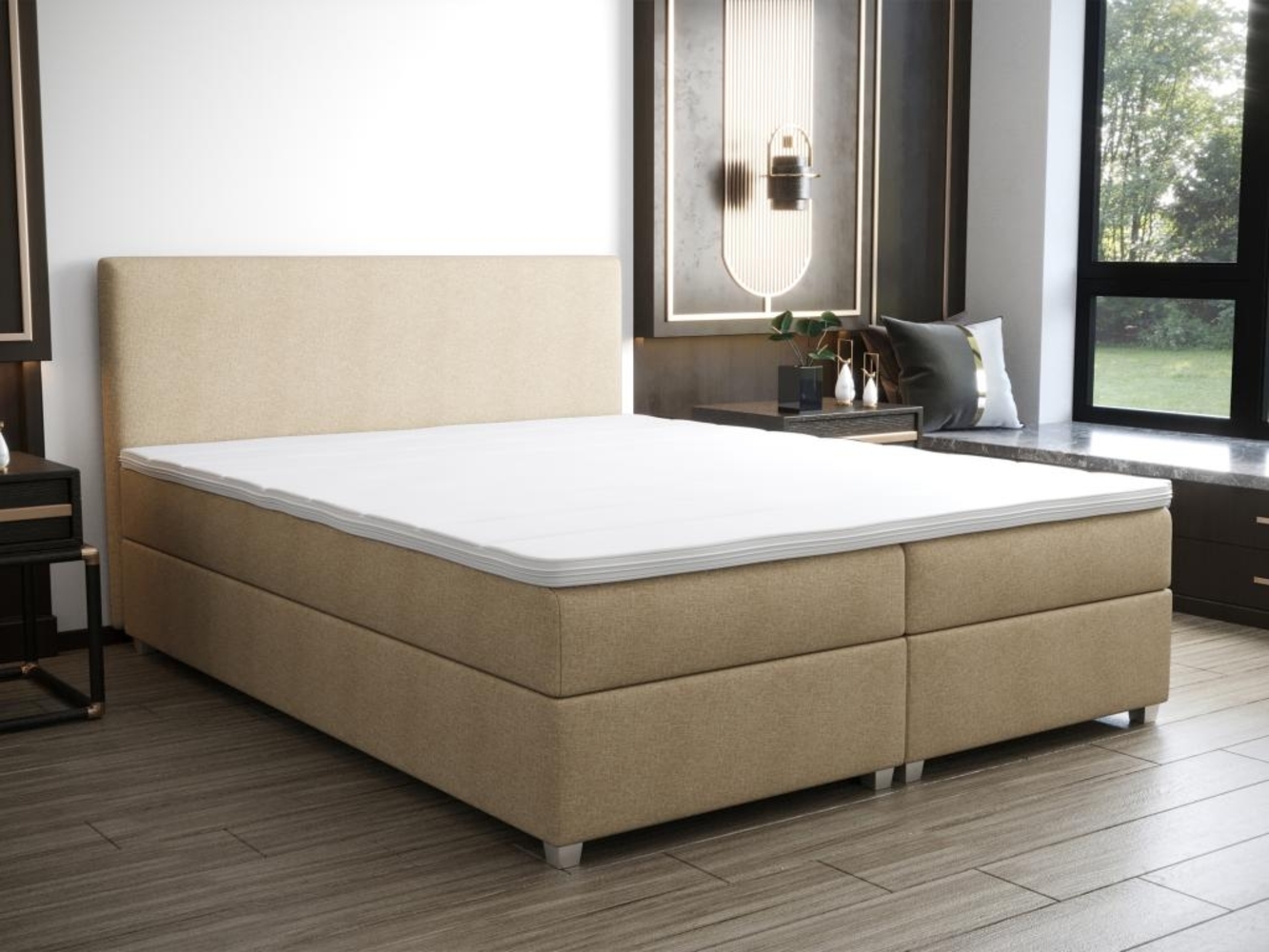 Vente-unique - Boxspringbett komplett mit Bett-Kopfteil + Lattenrost + Matratze + Topper - 160 x 200 cm - Stoff - Beige - ONAN von YSMÉE Bild 1