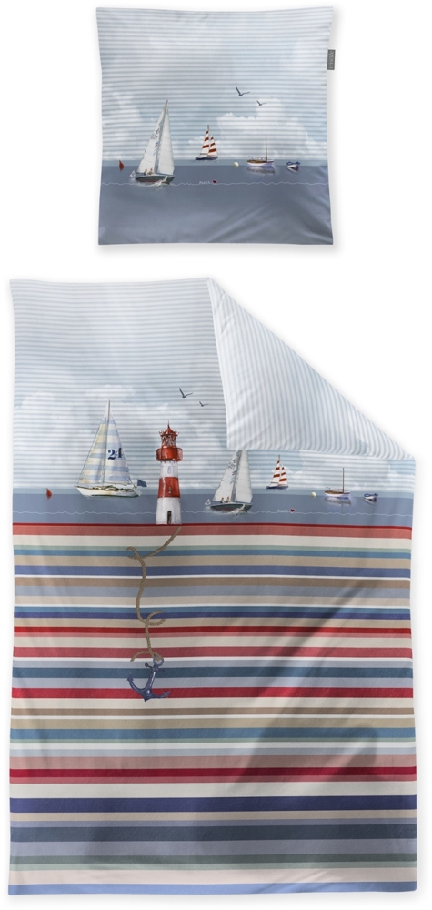 Irisette Mako Satin Bettwäsche Wave 8601-90 Streifen Maritim 135x200 Bild 1