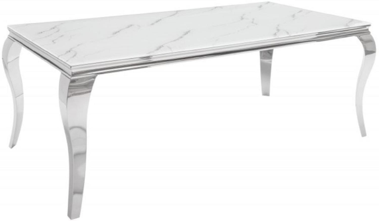 Casa Padrino Designer Esstisch Weiß / Grau / Silber 200 x 105 x H. 75 cm - Rechteckiger Edelstahl Küchentisch mit digitalbedrucktem Sicherheitsglas in Marmoroptik - Moderne Barock Möbel Bild 1