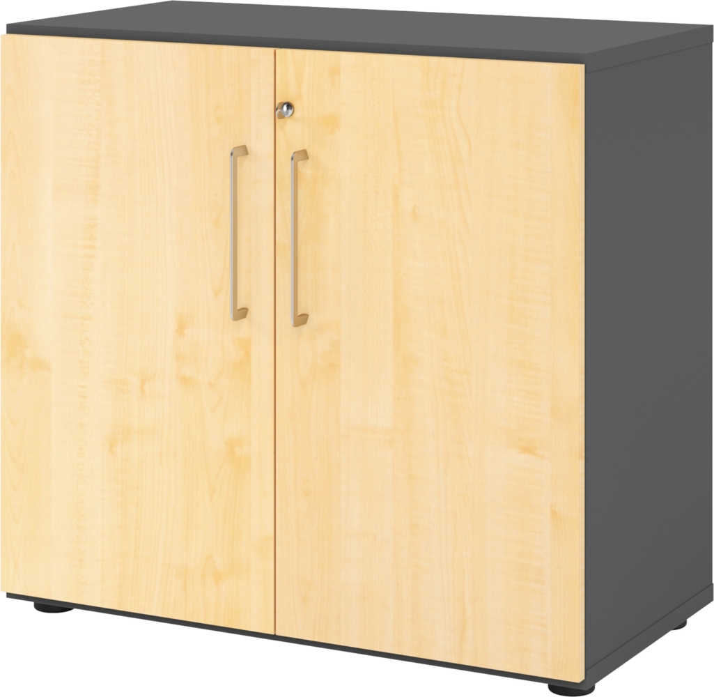 bümö Aktenschrank abschließbar, Büroschrank Holz 80cm breit in Graphit/Ahorn - abschließbarer Schrank mit Aktenregal für's Büro & Arbeitszimmer, Büro Möbel Ordnerschrank mit Schloss, 928T2-G-3-BS Bild 1