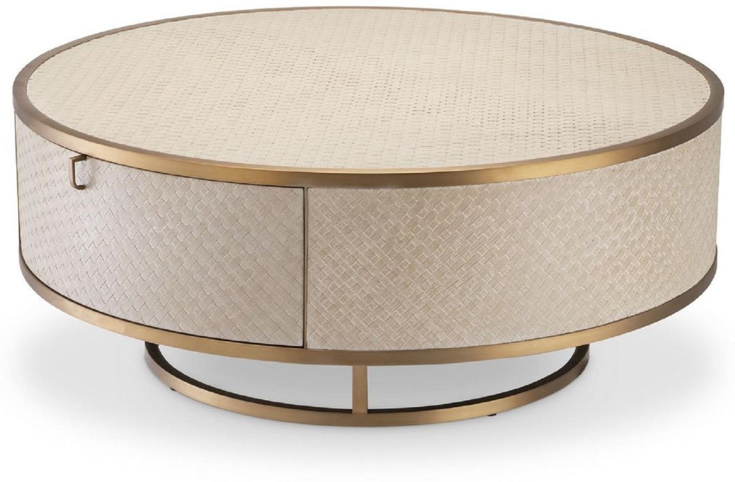 Casa Padrino Luxus Couchtisch Beige / Messingfarben Ø 100 x H. 40,5 cm - Runder Wohnzimmertisch mit 2 Schubladen - Luxus Wohnzimmer Möbel Bild 1