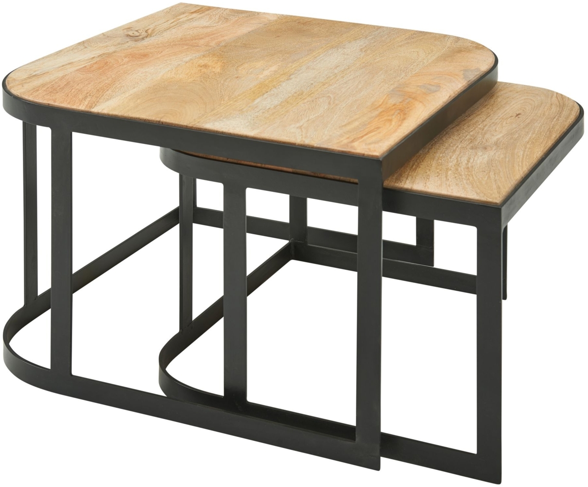 Couchtisch 2er Set Mango Massivholz / Metall Wohnzimmertisch Hell, Industrial Satztisch Beistelltisch Metallbeine Schwarz, Tischset 2-teilig Satztisch Holz Bild 1