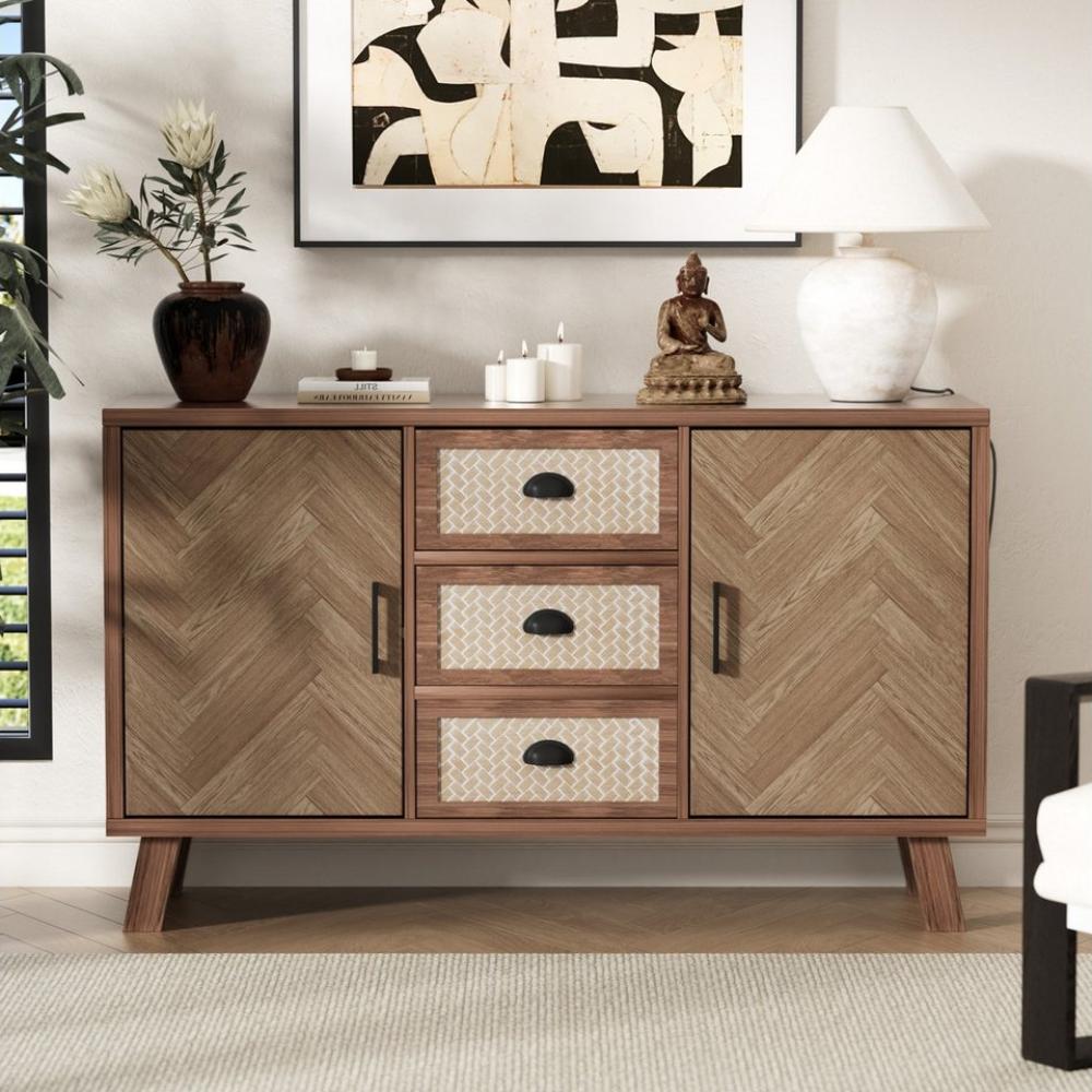 Merax Sideboard mit Schubladen und Türen, Kommode Boho-Stil mit Metallgriffe,Anrichte,TV-Schrank,B:120cm Bild 1