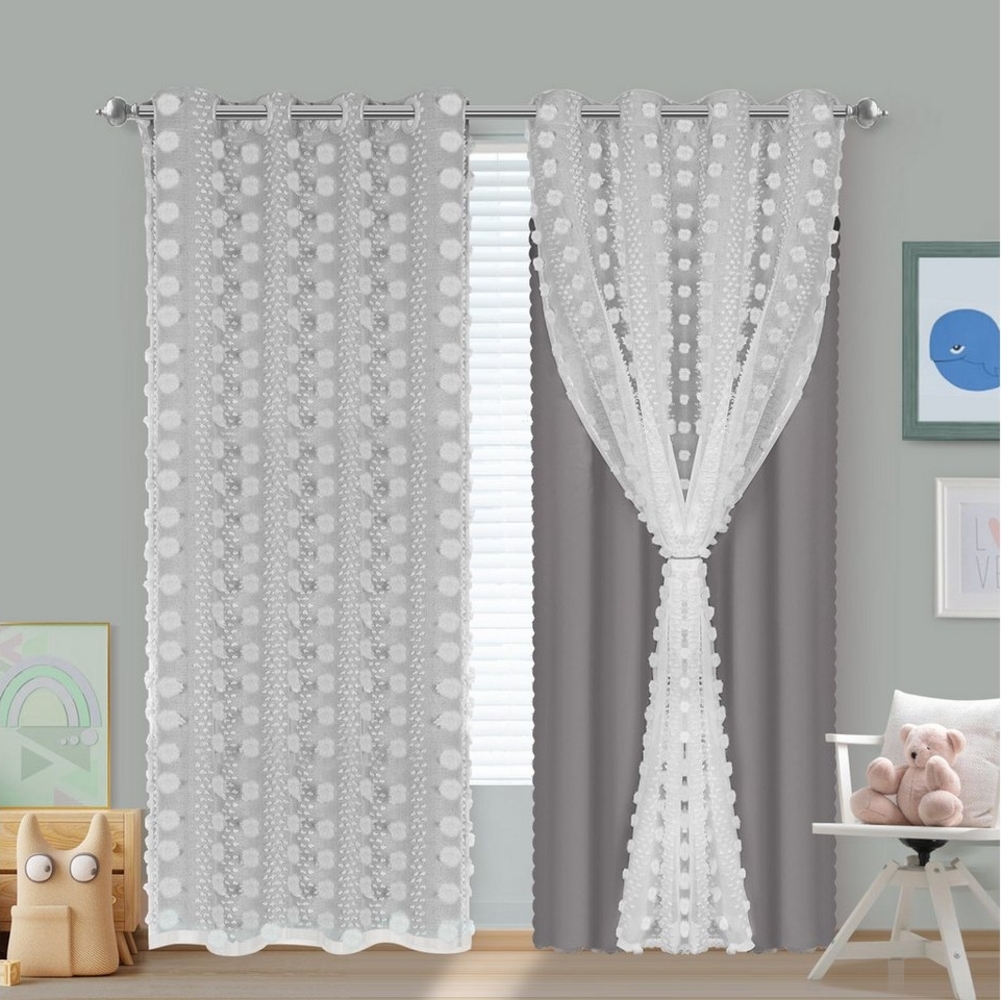 Sunicol Gardine Verdunklungsvorhänge Kinderzimmer, Doppellagiger Vorhang mit Pompom (2 St), Kinder Blickdicht Voile Ösenschal Dekoration für Schlafzimmer Bild 1
