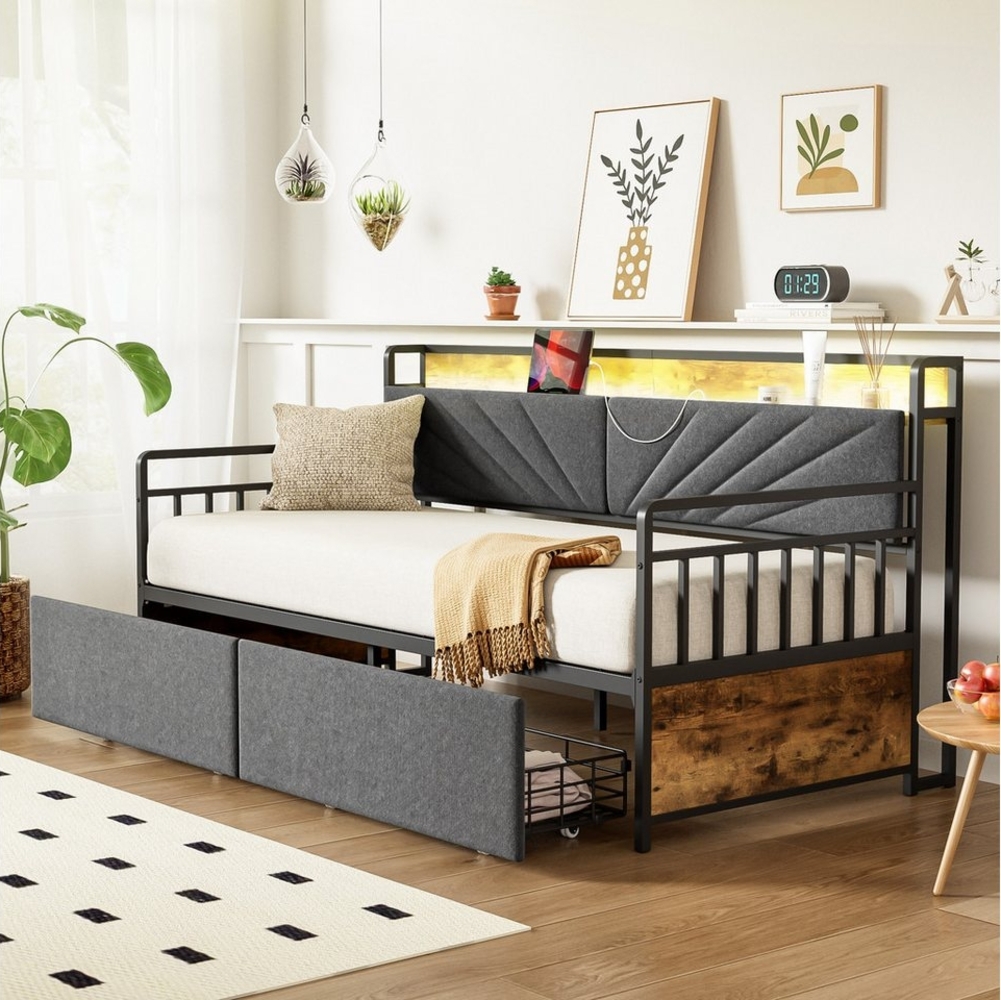 Odikalo Stauraumbett Schlafsofa Polsterbett Jugendbett Ablagen Schubladen 90x200 Beige/Grau Bild 1