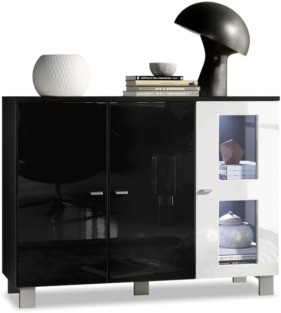 Vladon Sideboard Denjo, Kommode mit 3 Türen, Schwarz matt/Schwarz Hochglanz/Weiß Hochglanz, inkl. LED-Beleuchtung (107 x 81 x 35 cm) Bild 1