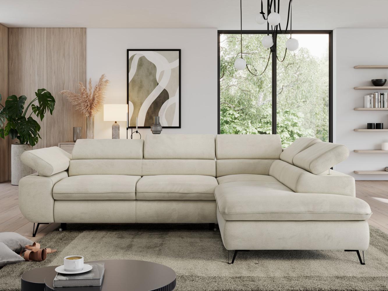 Ecksofa mit Bettfunktion, Modern Sofa, L-form, Einstellbare Kopfstützen, Bettkasten, PEDRO, 1x Ecksofa, Beige, Velours, rechts Bild 1