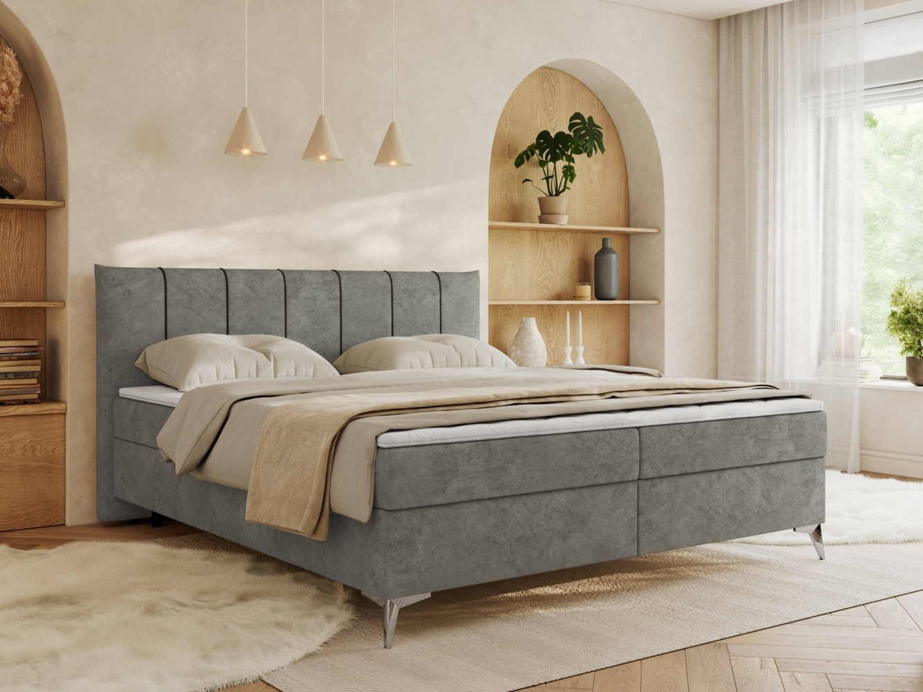 Doppelbett, Boxspringbett auf Metallbeinen, Bonell-Matrtazen und Topper, Polsterbett mit zwei Bettkästen, dekoratives Kopfteil - DRINEA - 140 x 200 cm - Grau Velours - H3 Bild 1