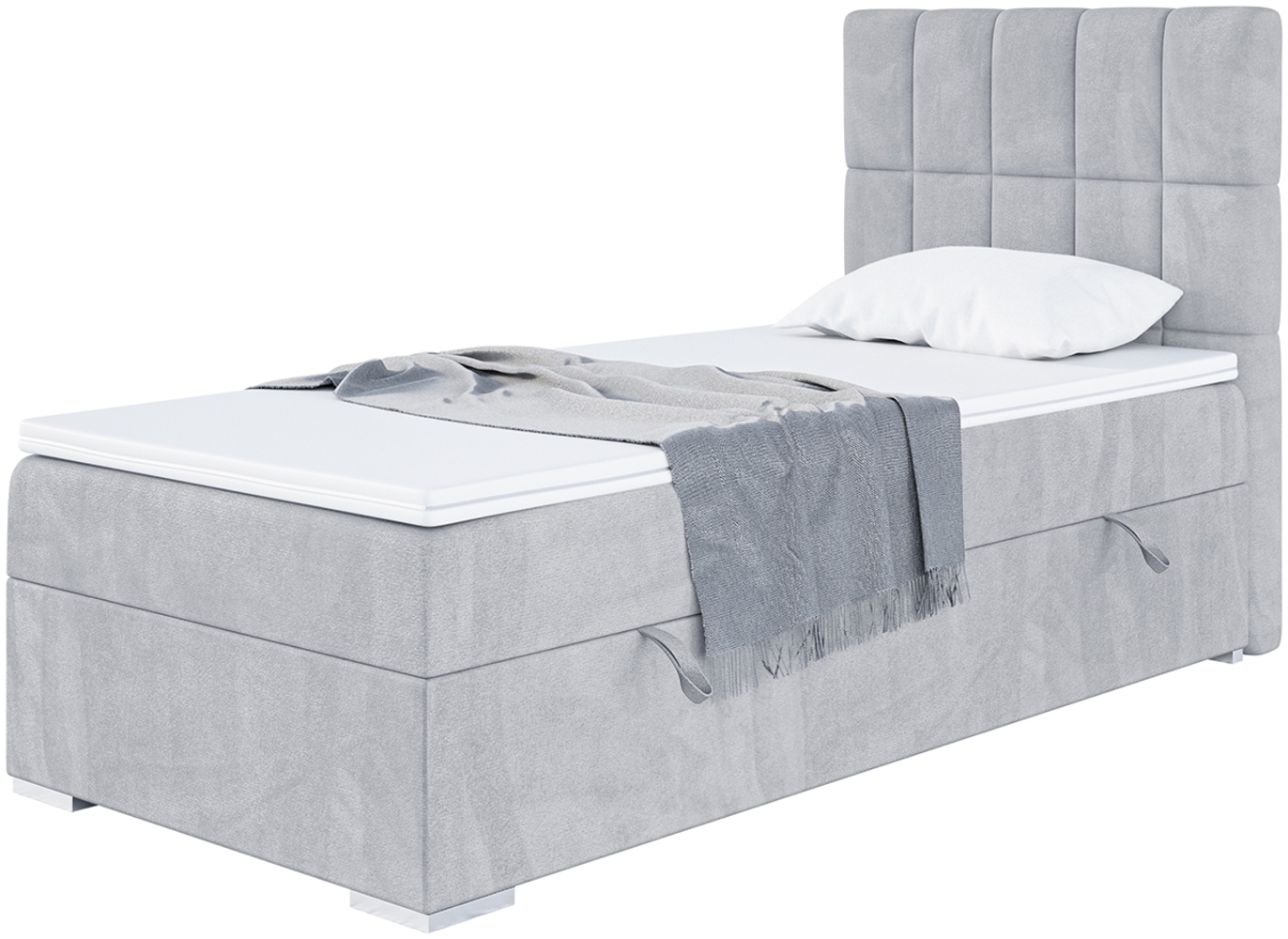 MEBLINI Boxspringbett LUKAS 80x200 cm mit Bettkasten - H3/Hellgrau Samt Gepolstert Einzelbett mit Topper & Taschenfederkern-Matratze - 80x200 Rechts Bild 1