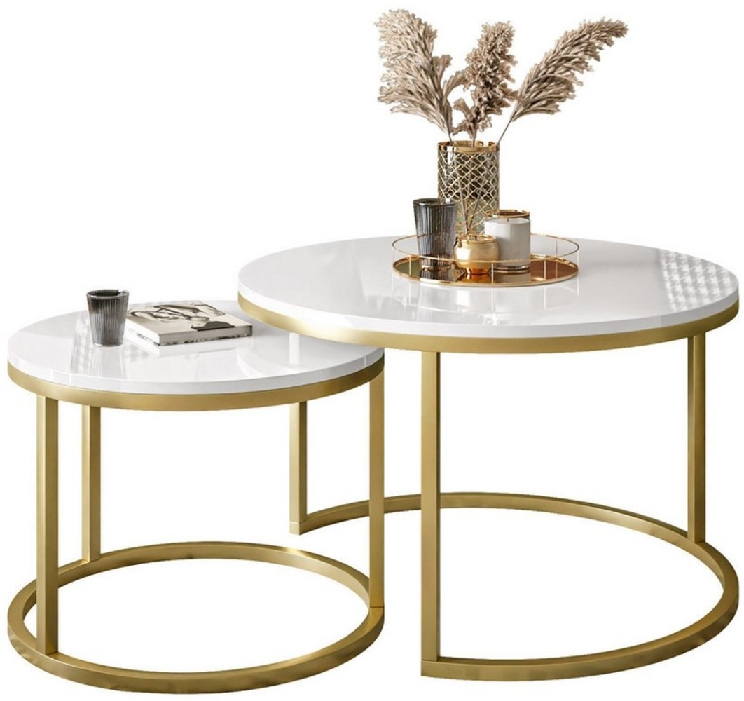 Lookway Couchtisch CIRI 2in1 Hochglanz mit Gold Matt Gestell, Runder Tisch (2er Set), Durchmesser: ⌀70 cm & ⌀50 cm und Durchmesser: ⌀80 cm & ⌀60 cm Bild 1