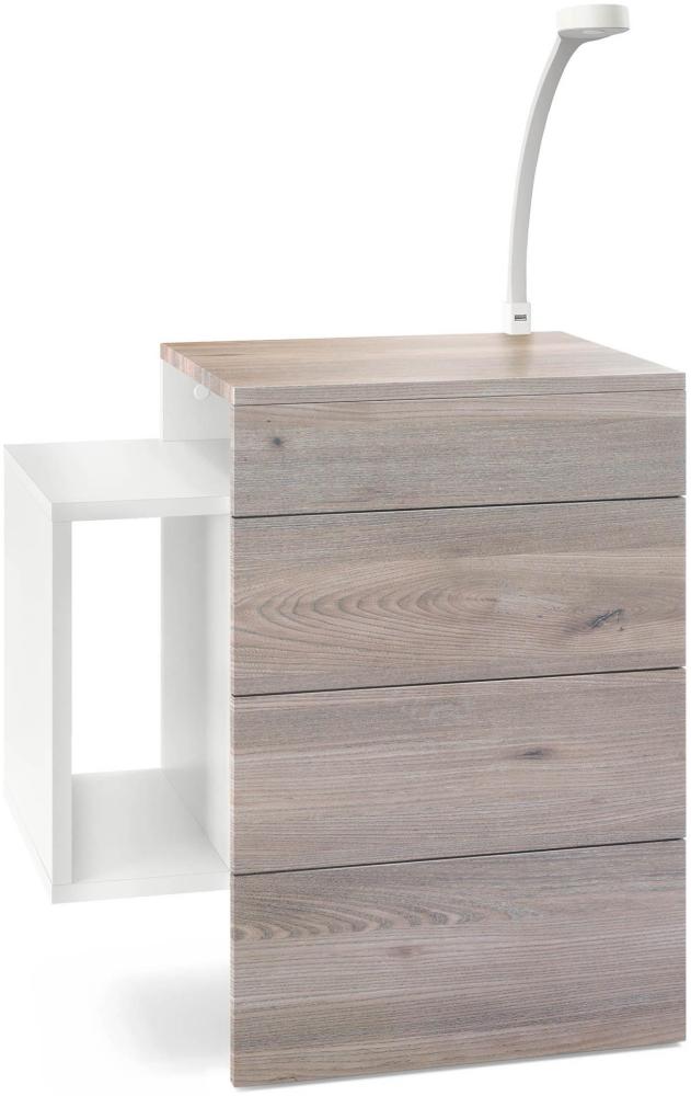 Vladon Nachttisch Queens, Nachttischschrank mit 2 Schubladen und 1 seitlichem Fach zur Wandmontage, Weiß matt/Eiche Nordic, inkl. LED Flexi Lampe weiß (60 x 63 x 36 cm) Bild 1