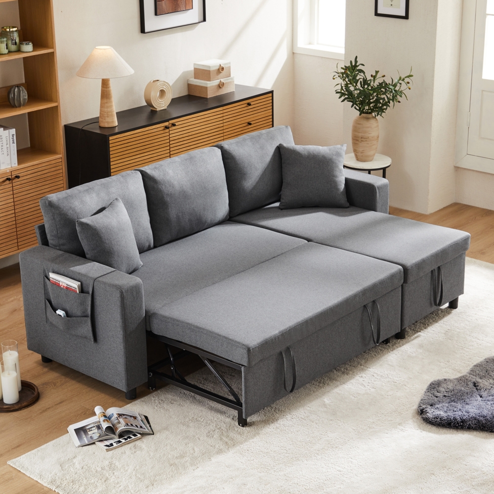 Merax Schlafsofa mit Schlaffunktion, L-förmiges Sofa, moderne Design-Polstermöbel, Sofa-Chaiselongue mit Stauraum, mit Taschenbecherhalter, Wohnzimmer-Schlafsofa, links und rechts austauschbare Chaiselongue, Dunkelgrau Bild 1