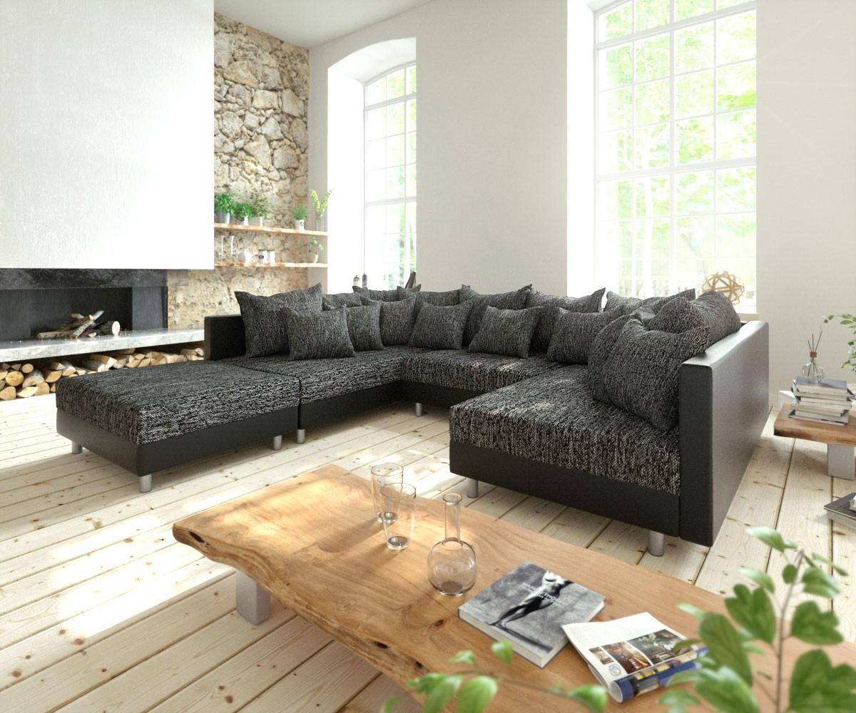 Wohnlandschaft Clovis Schwarz Modulsofa mit Hocker Bild 1