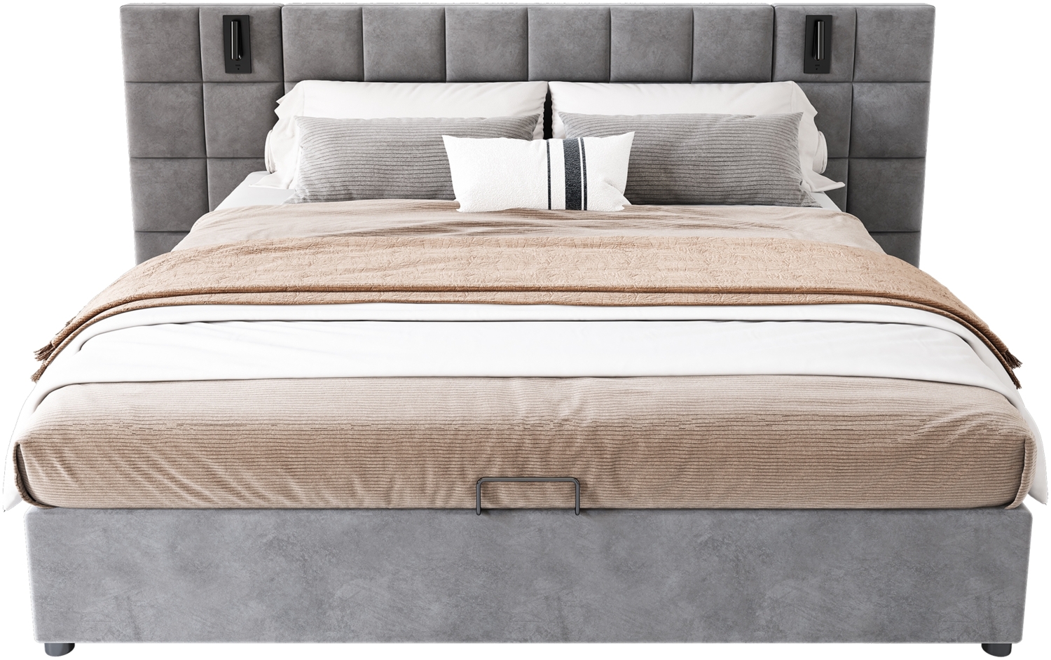 Polsterbett 160x200 cm, großes gepolstertes Kopfteil mit Karomuster, hydraulischer Bettkasten, Stahlrahmen, verstellbare Leselampe & USB, Grau,Matratzen enthalten Bild 1