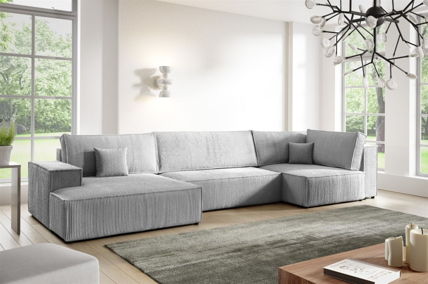 Wohnlandschaft Schlafsofa CORUNIA Stoff Poso Graublau Ottomane Links Bild 1