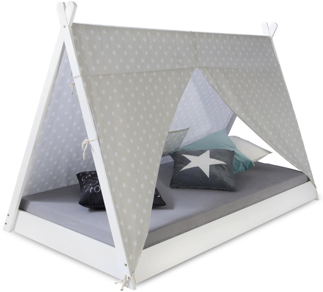 Kinderbett TIPI 90x200 Jugendbett weiß grau Holzbett Kinderzimmer Stoff Bild 1