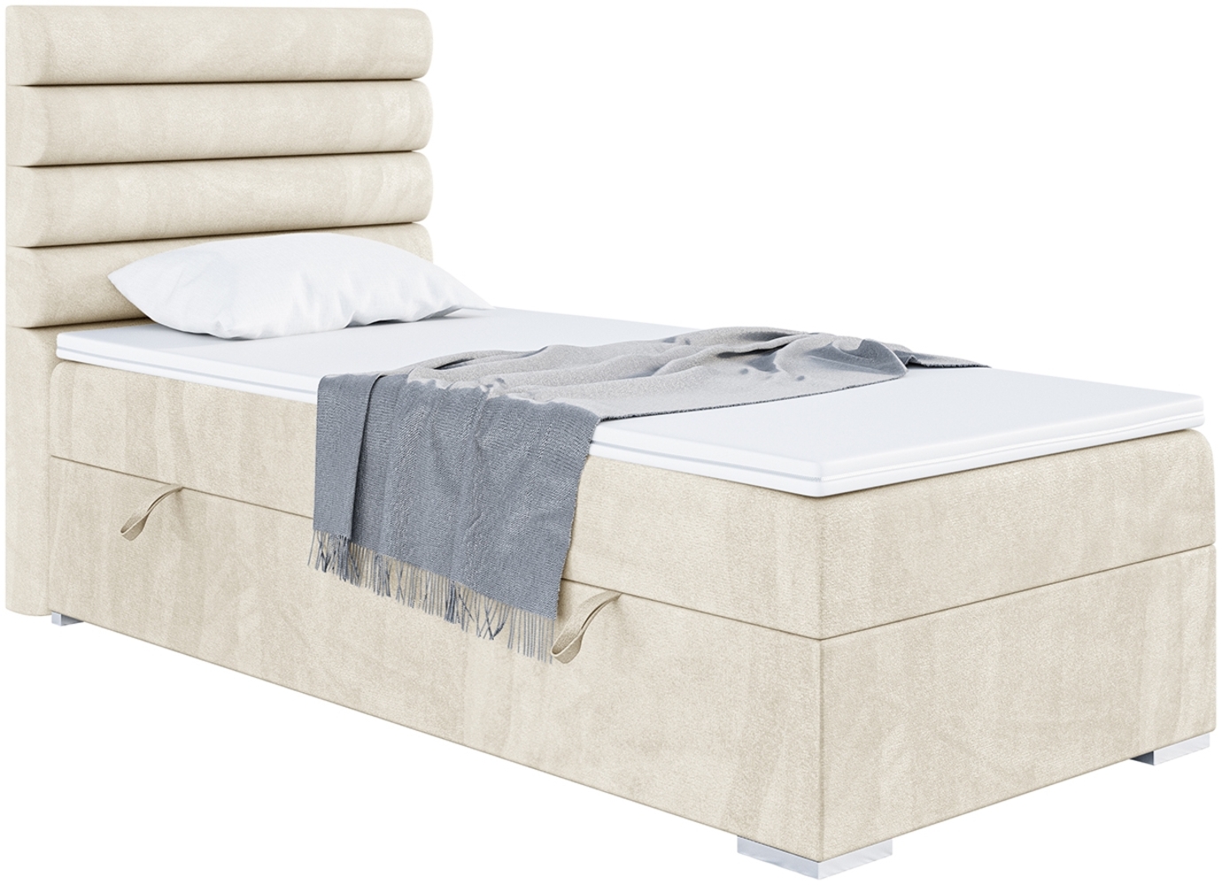 MEBLINI Boxspringbett KARIM 90x200 cm mit Bettkasten - H4/Creme Samt Gepolstert Einzelbett mit Topper & Taschenfederkern-Matratze - 90x200 Links Bild 1