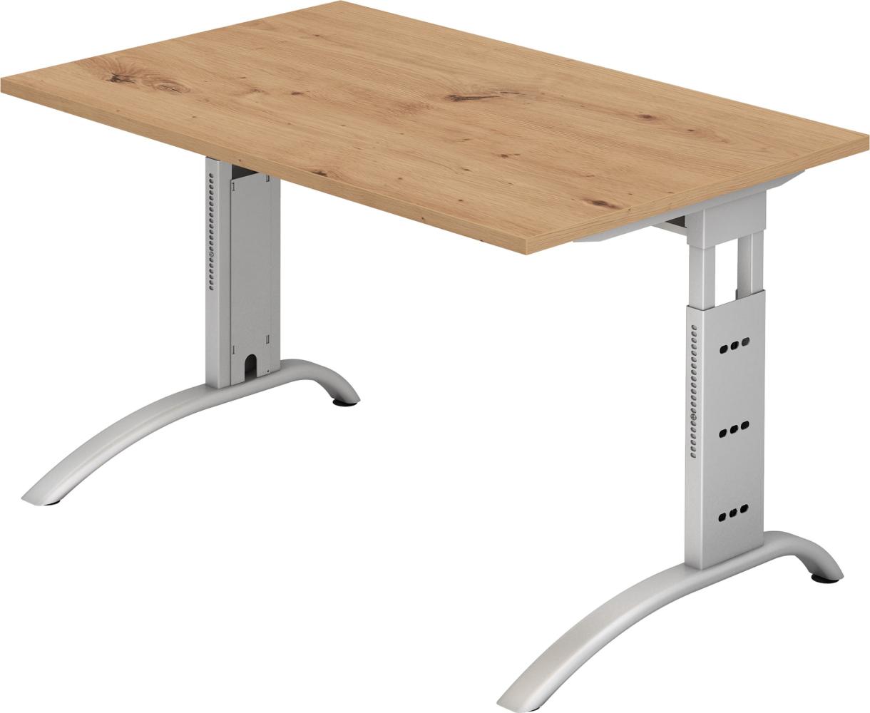 bümö® Schreibtisch F-Serie höhenverstellbar, Tischplatte 120 x 80 cm in Asteiche, Gestell in silber Bild 1