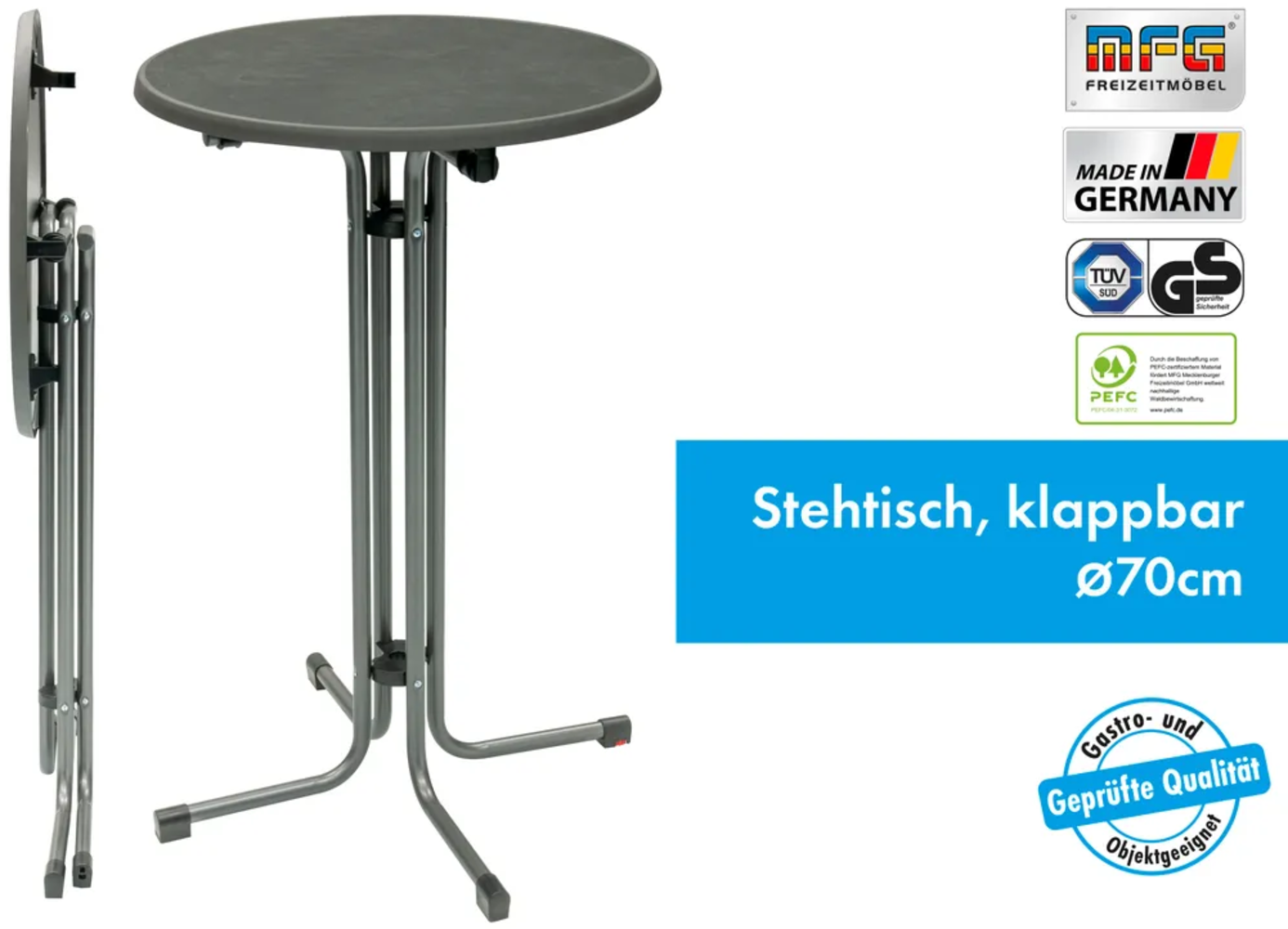 MFG Stehtisch 70 cm klappbar, wetterfeste Melamin-Platte, Gestell: anthrazit, Tischplatte: schiefer Bild 1