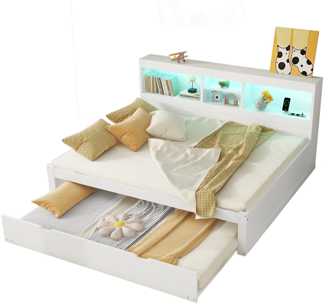 Massivholzbett mit Gästebett, 140x200 cm, Doppelbett mit LED-Beleuchtung, Mehrfachsteckdose und Lattenrost, Jugendbett Bild 1