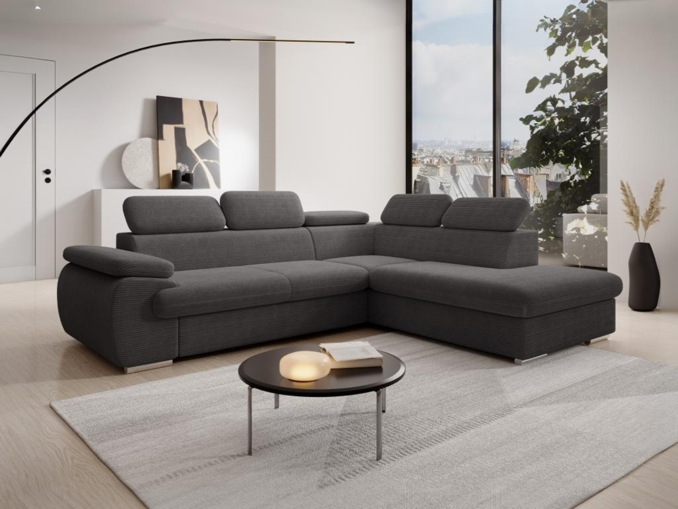 Vente-unique - Ecksofa mit Schlaffunktion - Ecke rechts - Cord - Dunkelgrau - FABIEN Bild 1