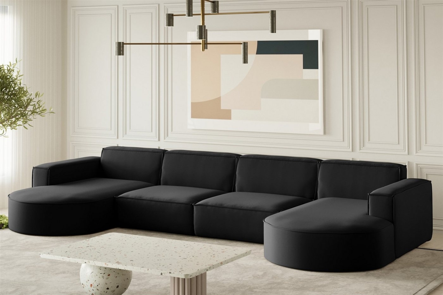 Wohnlandschaft U-Form Sofa PALMA XL in Stoff Opera Velvet Schwarz Bild 1