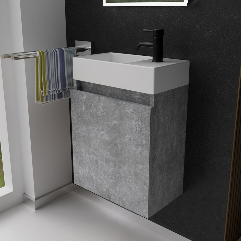 Alpenberger Badmöbel-Set Gäste WC Waschbecken mit Unterschrank - Badschrank Hängend, (Waschbeckenunterschrank mit Softclose, 2-tlg. Waschtisch Set Cement), Waschplätze für Kleine Bäder - Badschrank Hängend + Vormontiert Bild 1