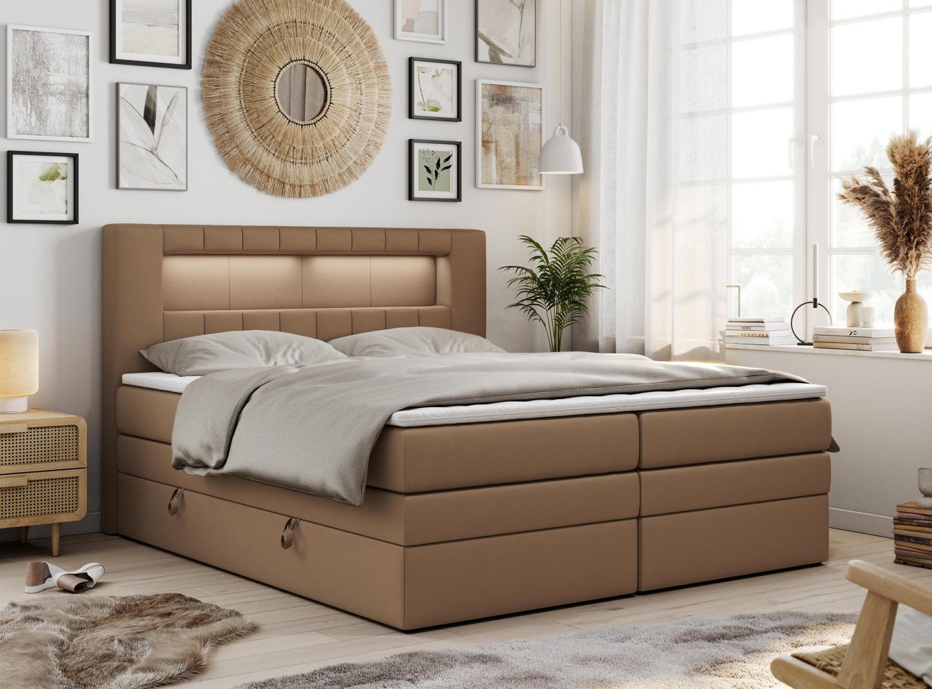 Boxspringbett mit LED Kopfteil und Topper - GOLD-5-KING - 200x200cm - Braun Kunstleder - H3 Bild 1