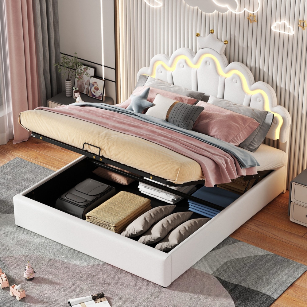 Prinzessinbett mit Lattenrost und LED-Beleuchtung, 140x200 cm, Mädchenbett, Polsterbett für Mädchen, Stauraumbet, Kunstleder Bild 1