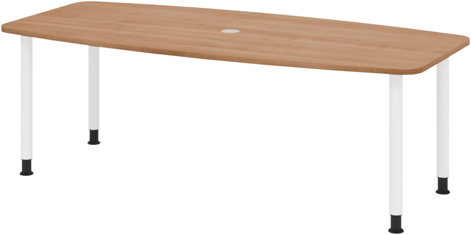 bümö Konferenztisch oval 220x103 cm großer Besprechungstisch in Nussbaum, Besprechungstisch mit Gestell in Weiß, Meetingtisch für 8 Personen, XL-Tisch für Besprechungsraum & Meeting, KT22C-N-W Bild 1