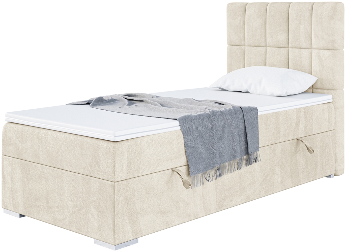 MEBLINI Boxspringbett LUKAS 80x200 cm mit Bettkasten - H4/Creme Samt Gepolstert Einzelbett mit Topper & Taschenfederkern-Matratze - 80x200 Rechts Bild 1