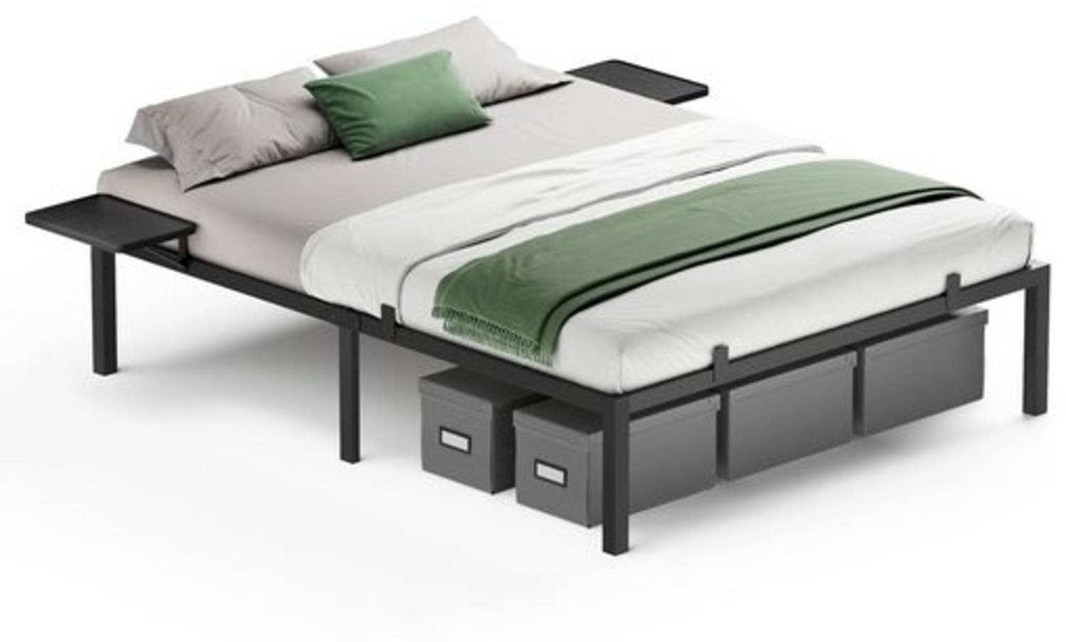 Vasagle Metallbett mit Aufbewahrungsregalen, Metall schwarz, 160x200 cm Bild 1