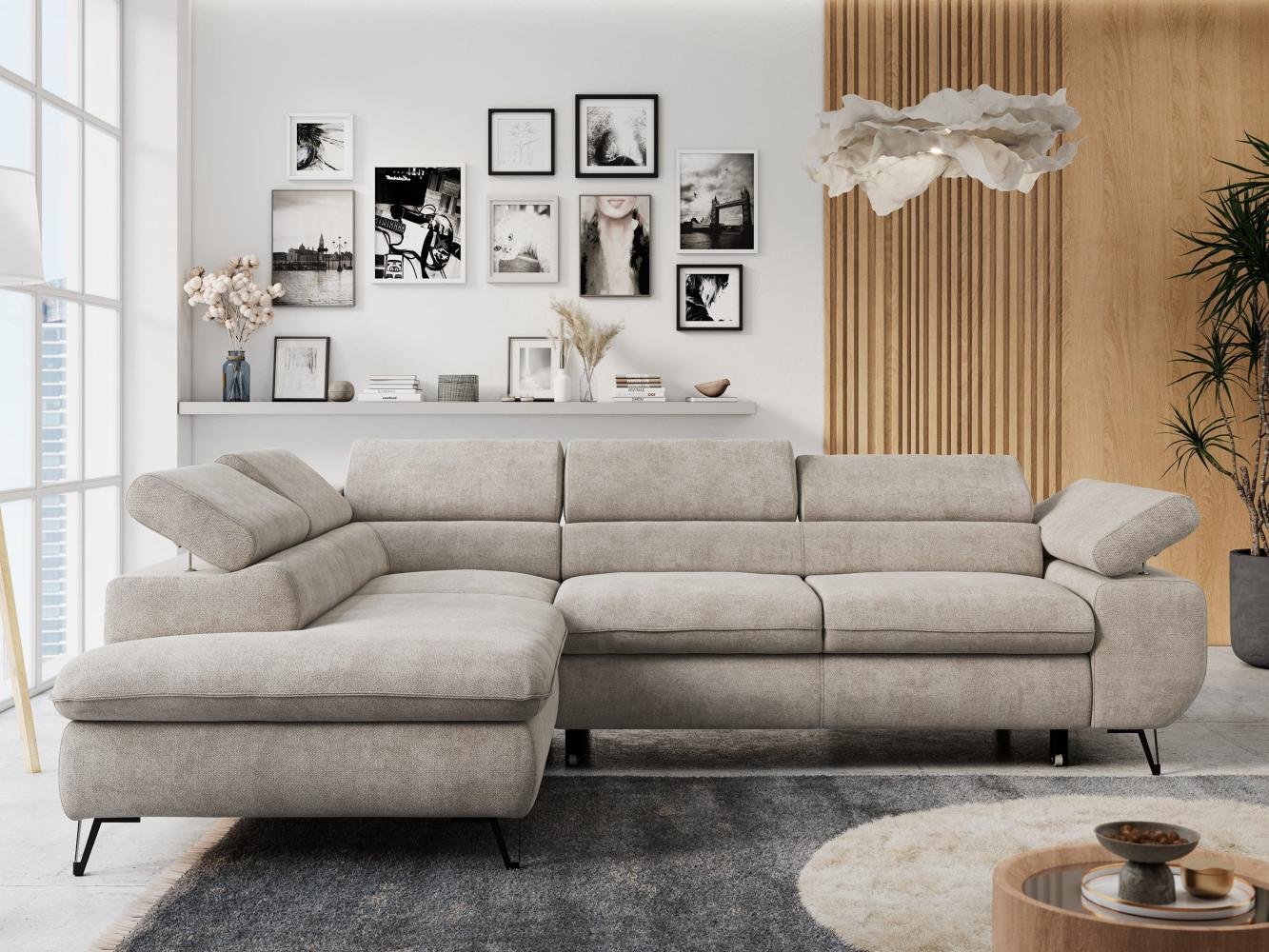 Mks Möbel 'Peter L-form' Ecksofa mit Bettfunktion, Bettkasten & einstellbaren Kopfstützen, Beige, Stoff, links Bild 1