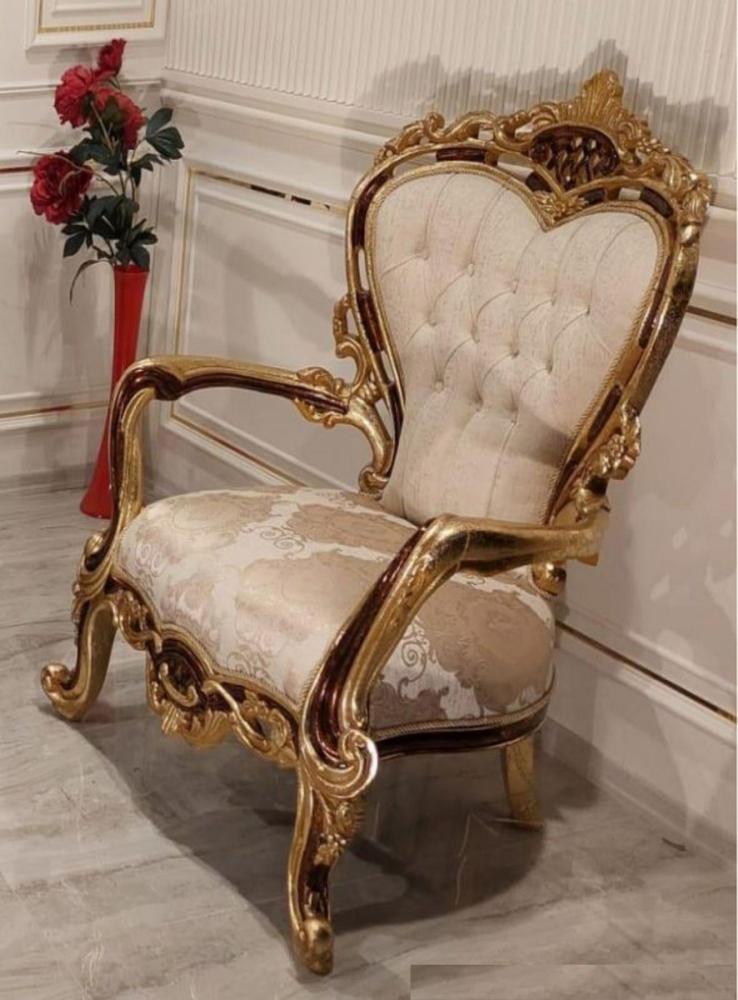 Casa Padrino Luxus Barock Wohnzimmer Sessel Cremefarben / Braun / Gold - Prunkvoller Sessel mit elegantem Muster - Handgefertigte Barock Wohnzimmer Möbel Bild 1