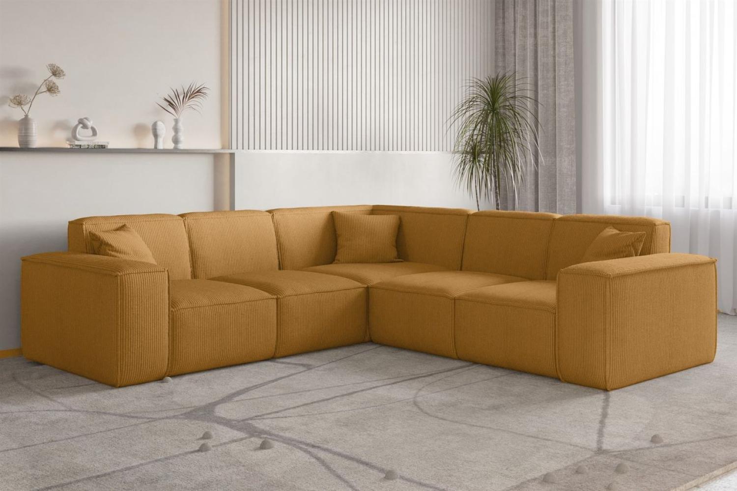 Ecksofa Designersofa CELES PREMIUM in Stoff Scala Senfgelb Seite Universal Bild 1