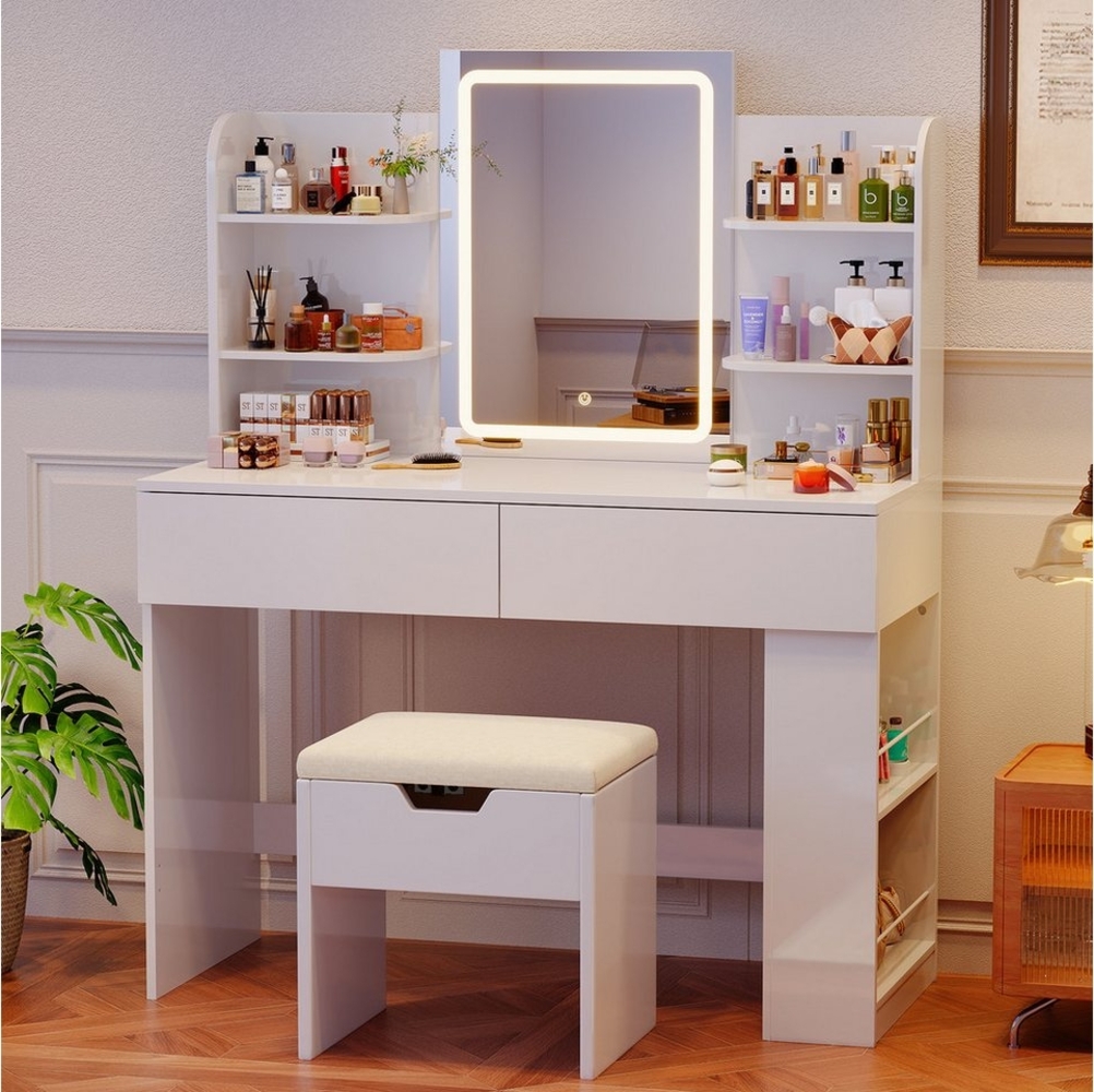 Furnicopia Schminktisch 90/110 cm, LED-Beleuchtung mit einstellbarer Helligkeit, Stauraum (Mit 8 Ablagefachern, 2 Schubladen (beidseitig austauschbar)und optionalem Hocker. Erhältlich in Weiß und Schwarz) Bild 1