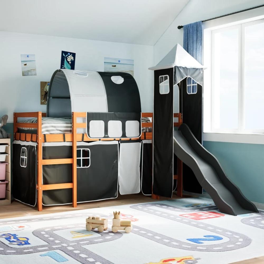 vidaXL Kinderhochbett mit Turm Weiß & Schwarz 90x200 cm Kiefernholz 3309161 Bild 1