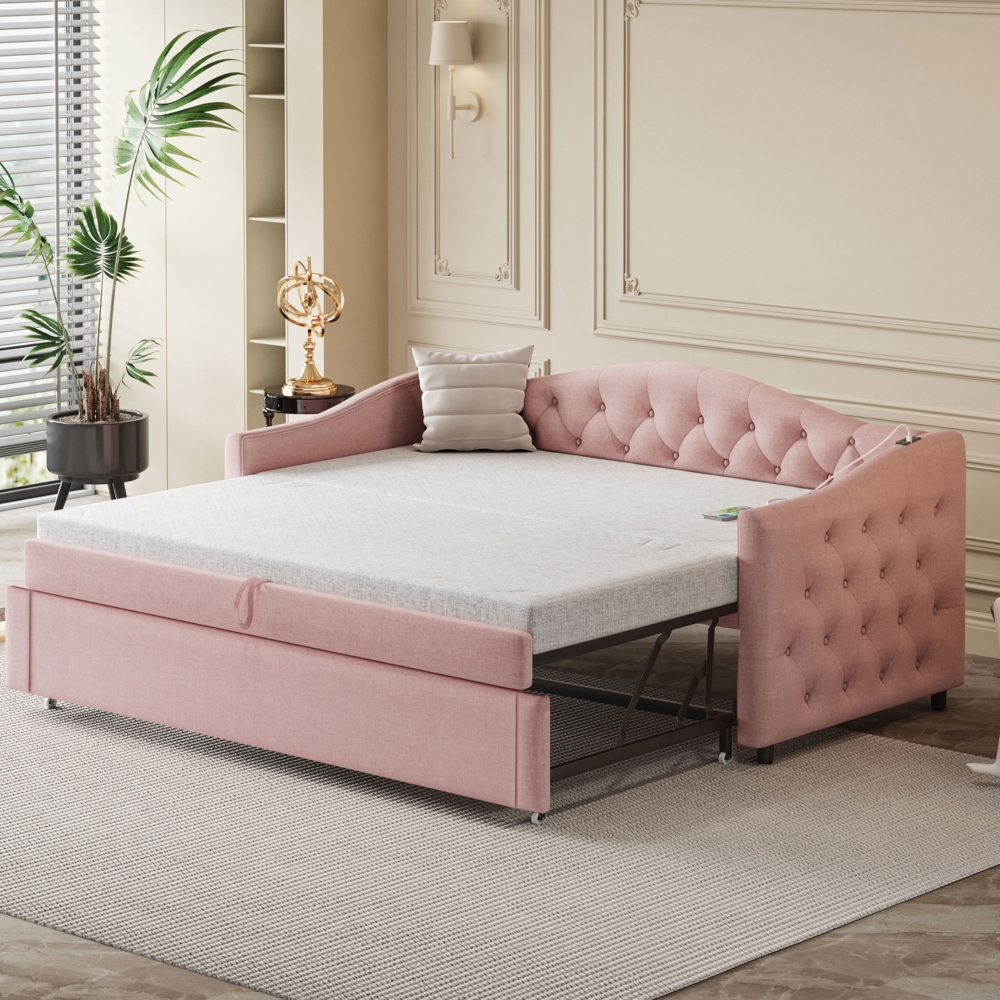 Multifunktionales Schlafsofa Rosa mit USB Ladeanschluss Leinen Bezug 90x200 cm Modernes Polsterbett Gästebett Metallrahmen 300kg Tragkraft Klassisches Design Knopfdetails Stilvolles Sofabett Bild 1