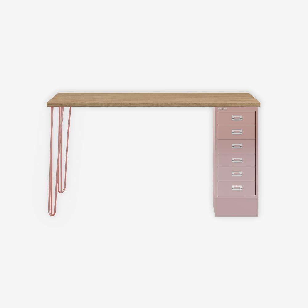 MultiDesk, 2 Stahlfüße, 1 MultiDrawer mit 6 Schüben, Dekor natürliche Eiche, Farbe Pastellpink, Maße: H 740 x B 1400 x T 600 mm Bild 1