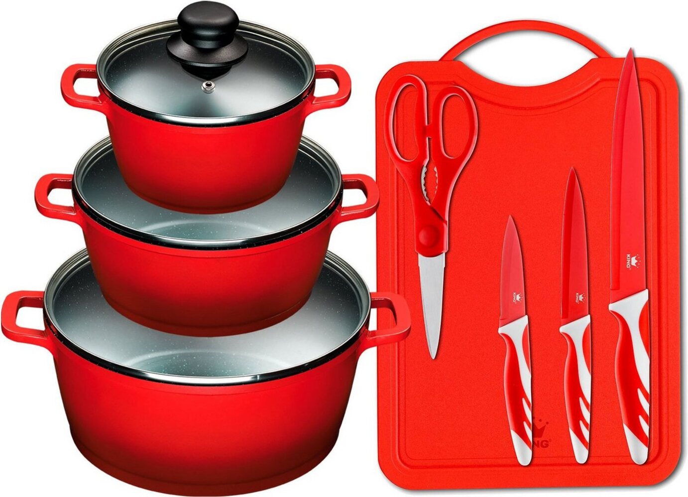 KING Topf-Set ALUGUSS, Aluminiumguss (Set, 11-tlg, je 1 Kochtopf mit Deckel 16/20/24 cm, Schneidebrett mit Messerset), Glasdeckel, Induktion,Keramikantihaftbeschichtung Bild 1