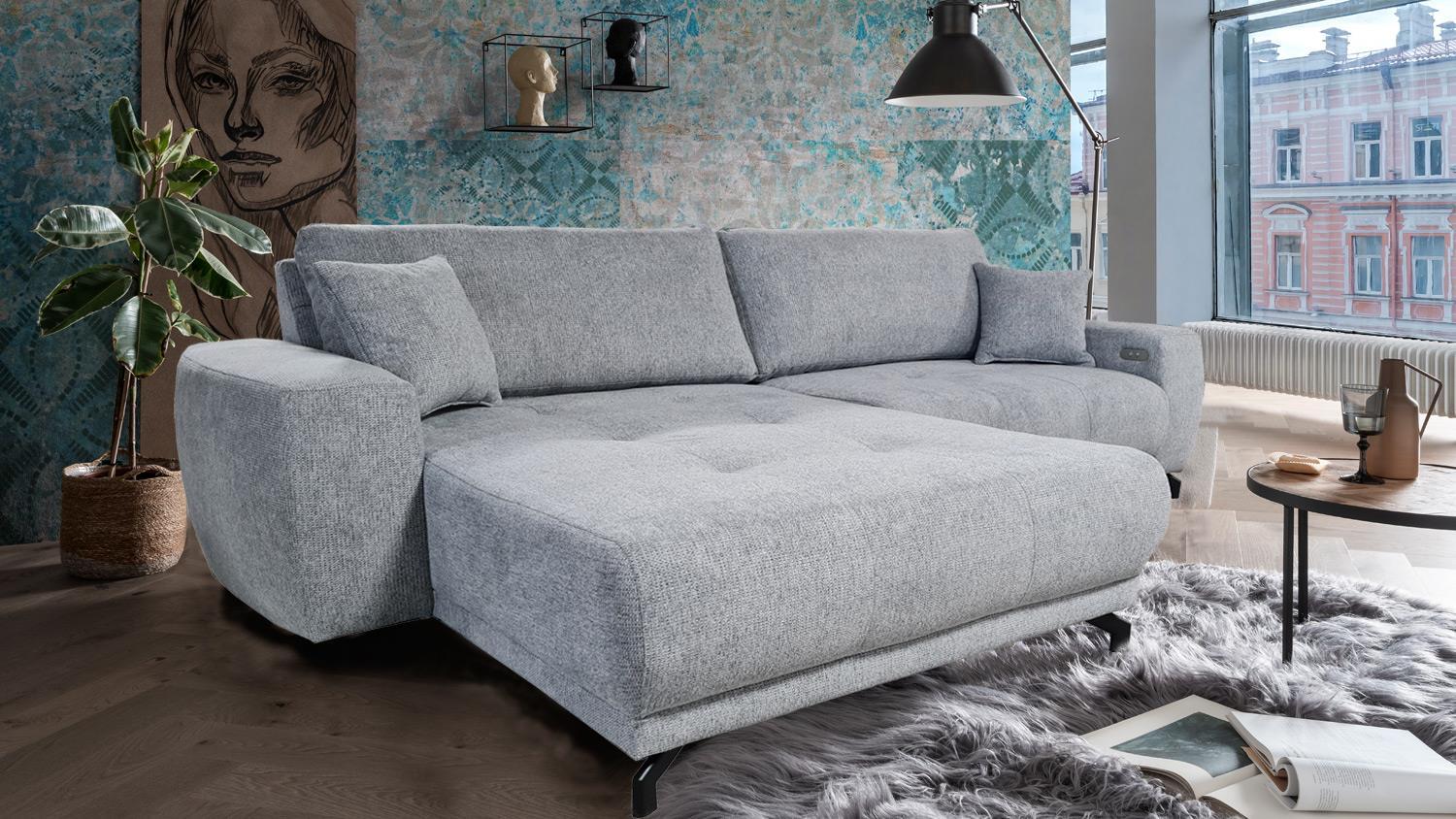 Ecksofa CAPRI Recamiere links Stoff silber elektrische Sitzverstellung Bild 1
