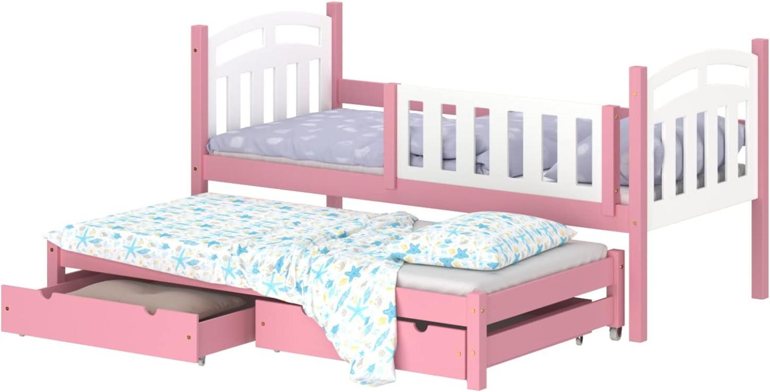 WNM Group Kinderbett Ausziehbar mit Rausfallschutz und Lattenrost Suzie - aus Massivholz - Ausziehbett für Mädchen und Jungen - Bett mit 2 Schubladen - Funktionsbett 200x90/190x90 cm - Rosa Bild 1