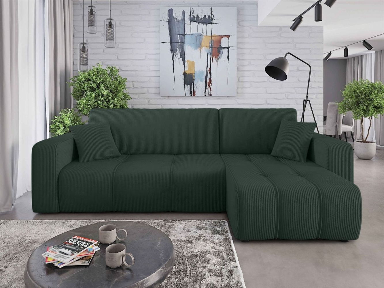 Ecksofa mit Schlaffunktion Sofa DAGNY in Stoff Poso Grün Ottomane Rechts Bild 1