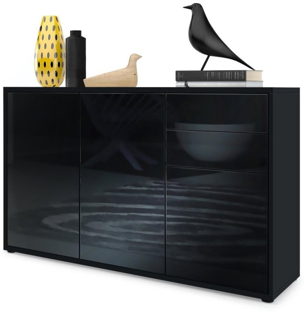 Vladon Sideboard Ben V3, Kommode mit 3 Türen und 2 Schubladen, Schwarz matt/Schwarz Hochglanz (117 x 74 x 36 cm) Bild 1