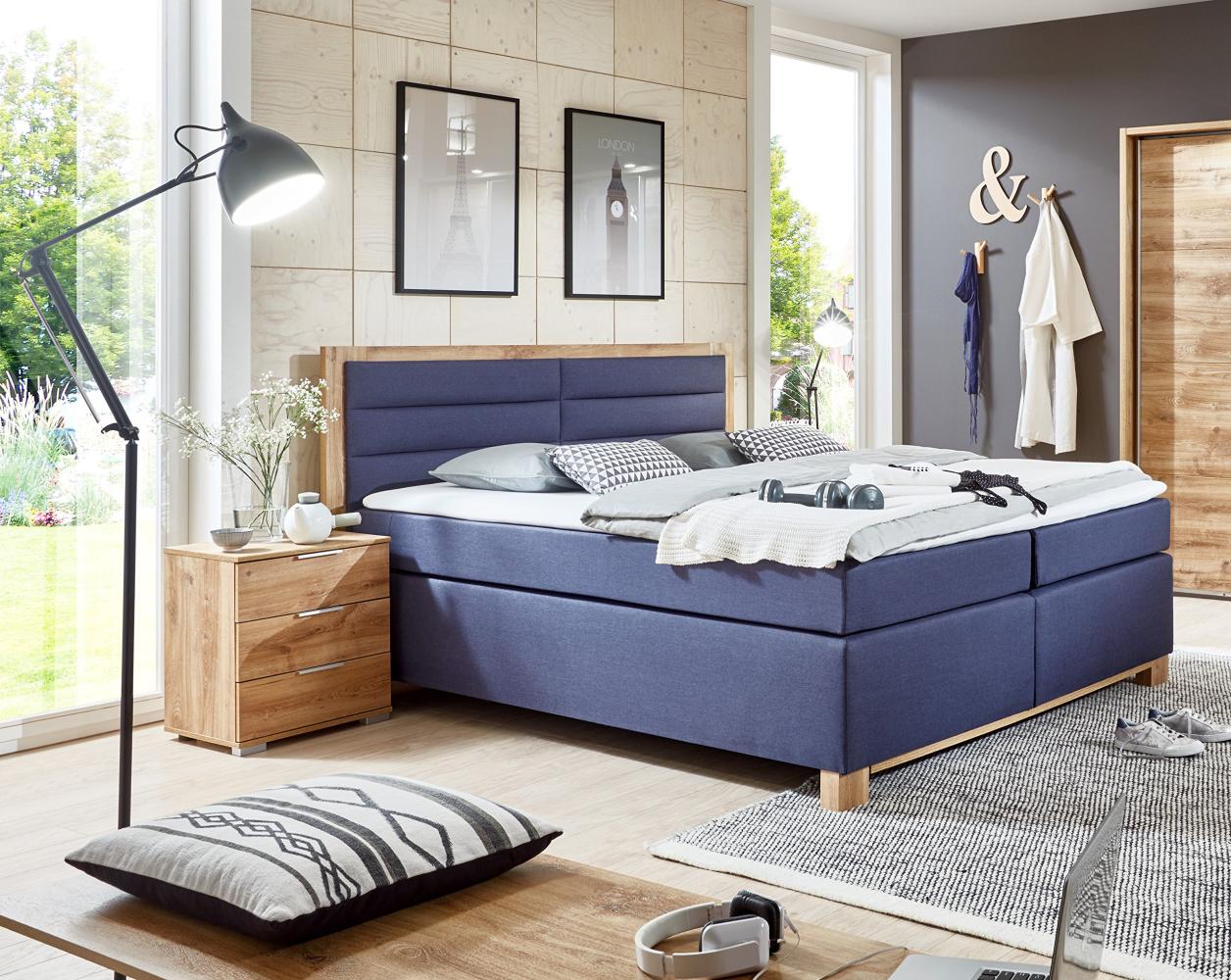 Wimex Boxspringbett Ohio, 7-Zonen-Taschenfederkernmatratze, Liegefläche 180x200 cm, Blau/ Plankeneiche Bild 1