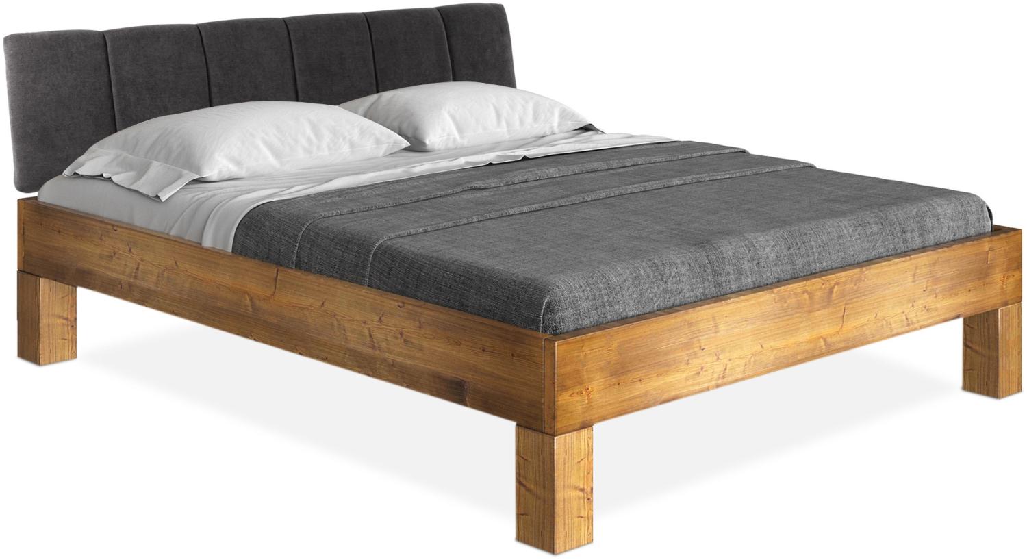 Möbel-Eins CURBY 4-Fuß-Bett mit Polster-Kopfteil, Material Massivholz, rustikale Altholzoptik, Fichte vintage 180 x 220 cm Standardhöhe Stoff Anthrazit mit Steppung Bild 1