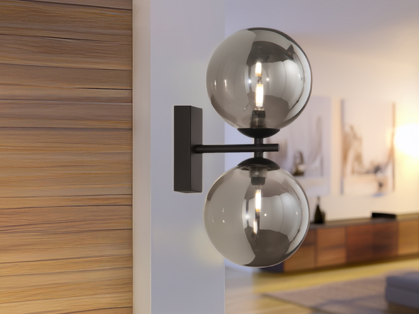 Wandleuchte HONEY mit Schalter, Schwarz - Glaskugeln Rauchglas, Höhe 34cm Bild 1